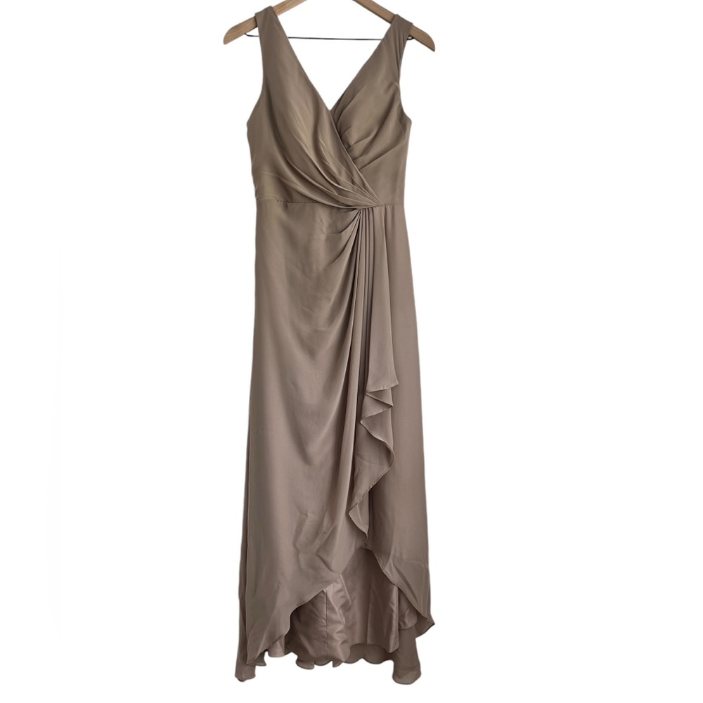 JJ House A-line V-Neck Asymmetrical Chiffon Bridesmaid Dress Taupe Size 4 NWT